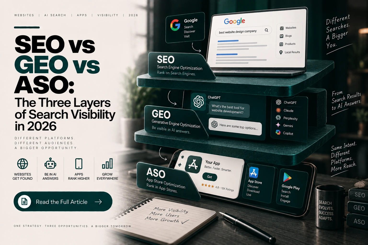 SEO vs GEO vs ASO: The Three Layers of Search Visibility in 2026